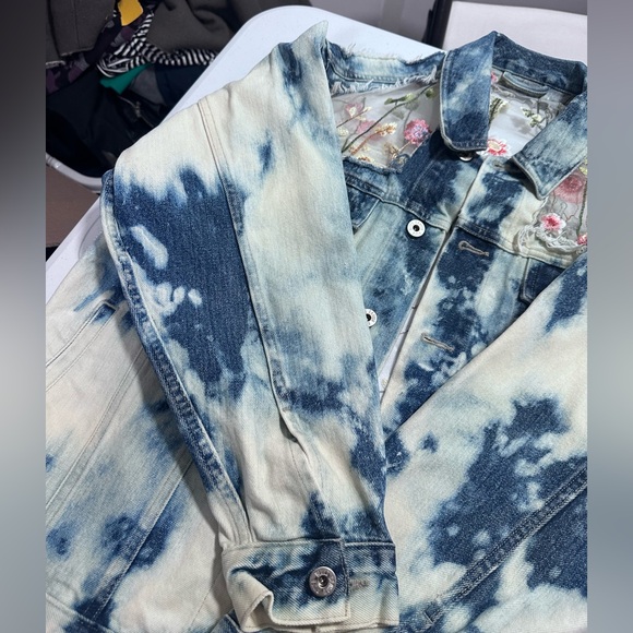 Y2K Canyon River Blues Embroidered Sheer-Panel Tie-Dye Denim Jacket oversized - Picture 11 of 16